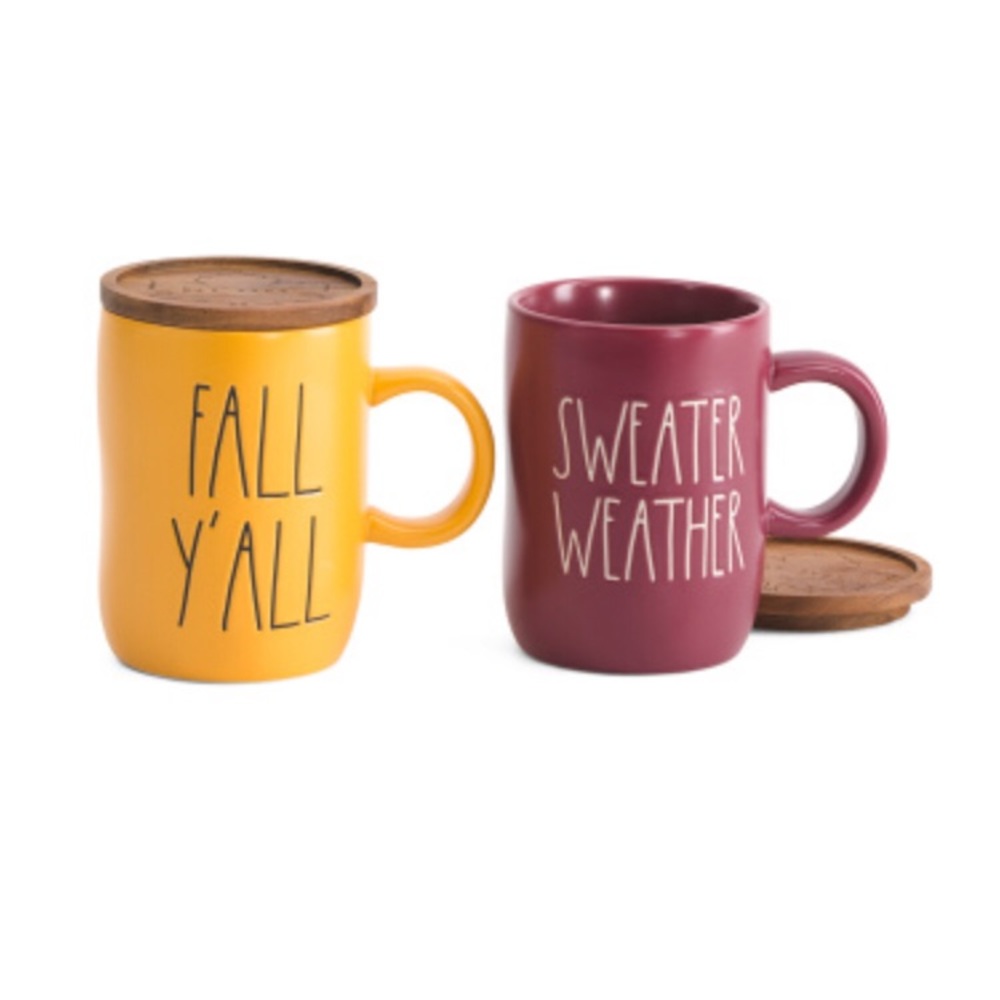 Rae Dunn Fall Sweater Mug Double Set With Wooden Tops NEW